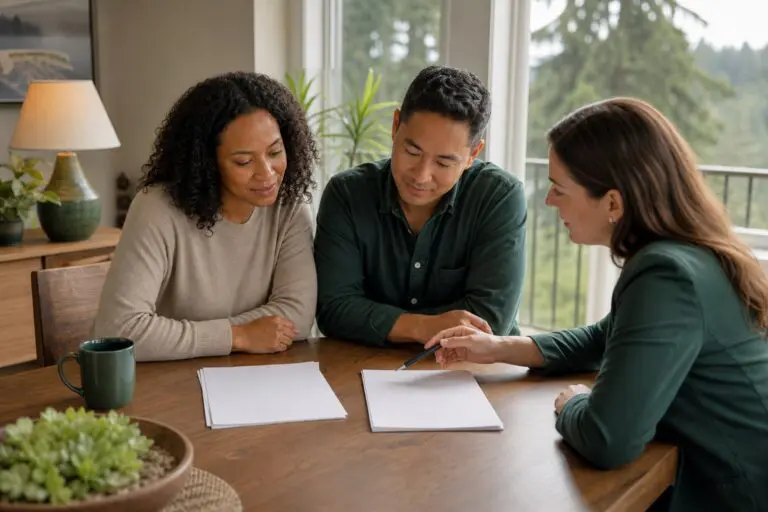 Washington couple comparing term and whole life insurance options with an adviser.
