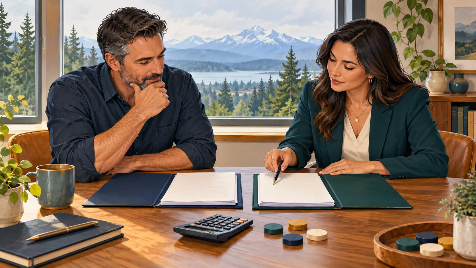 A Washington business owner and benefits adviser compare two health plan renewal options at a desk with a mountain view.