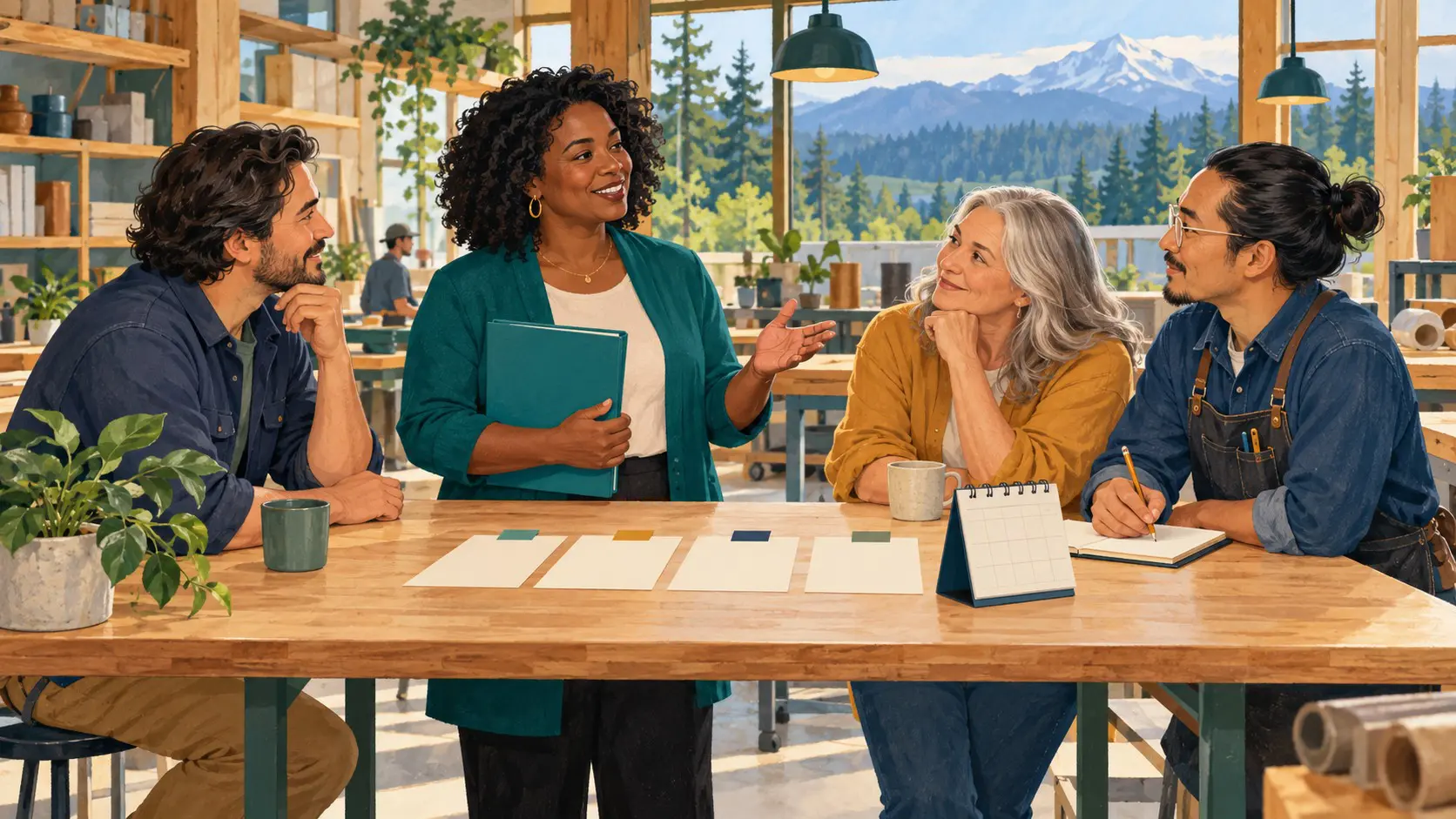 A small Washington workplace team discusses its upcoming employee benefits renewal.