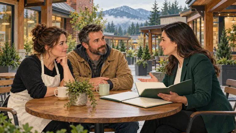 Washington small-business owners discuss association medical benefits with an adviser in a neighborhood business courtyard.