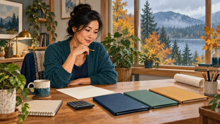 A self-employed Washington professional reviews health coverage planning folders in a home office.